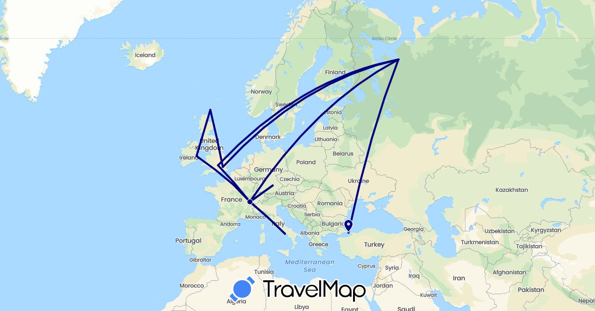 TravelMap itinerary: driving in Switzerland, Germany, France, United Kingdom, Ireland, Italy, Russia, Turkey (Asia, Europe)